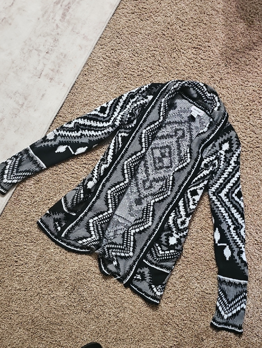 Say What? Black and White Geometric Open-Front Cardigan
